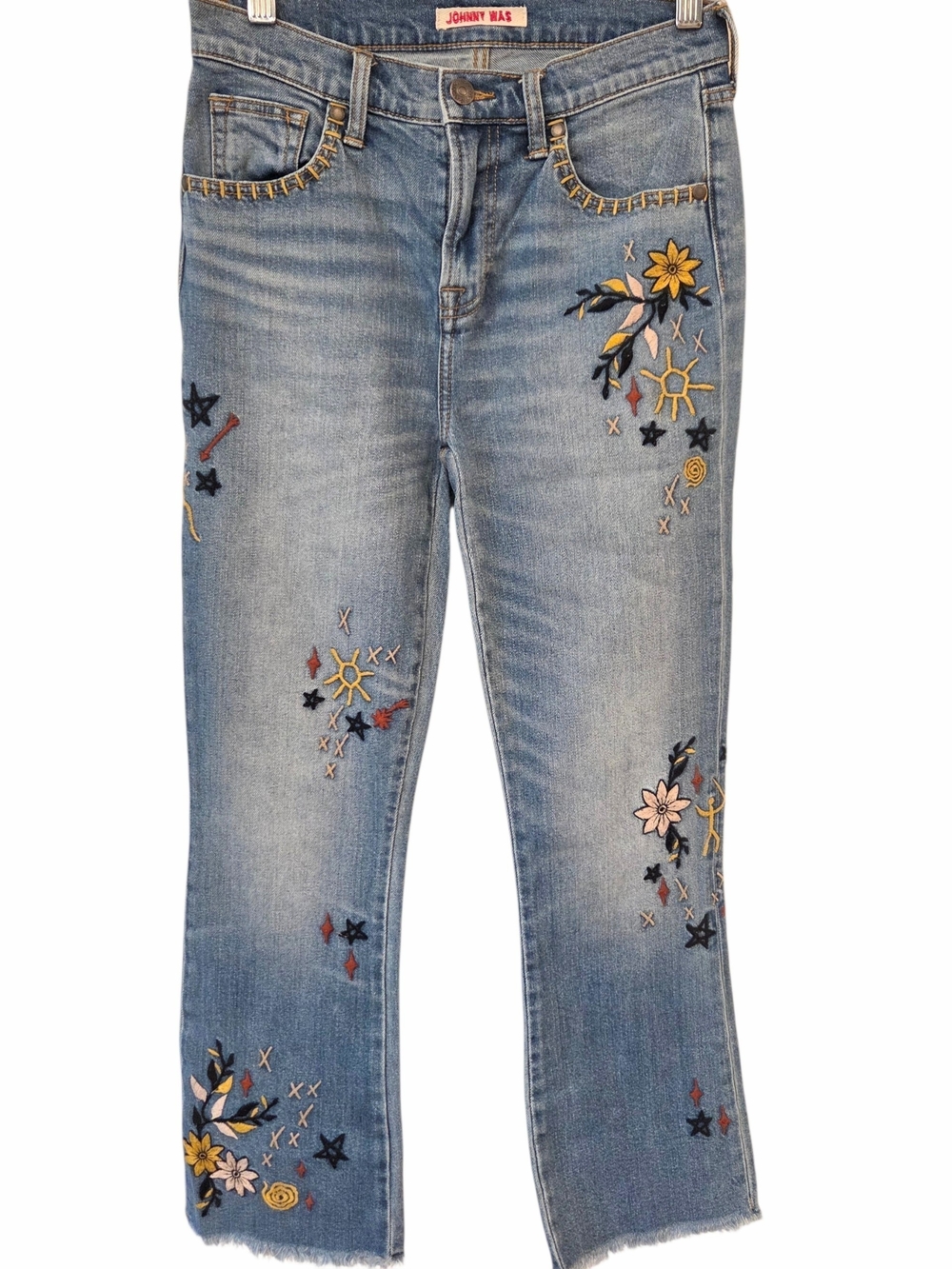 Johnny Was Embroidered Cropped Flare Jeans Boho Festival Size 25